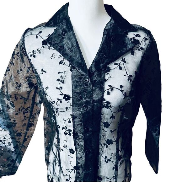 I.N.Studio Black Sheer Embroidered Top Sz Medium Petite - Picture 1 of 8